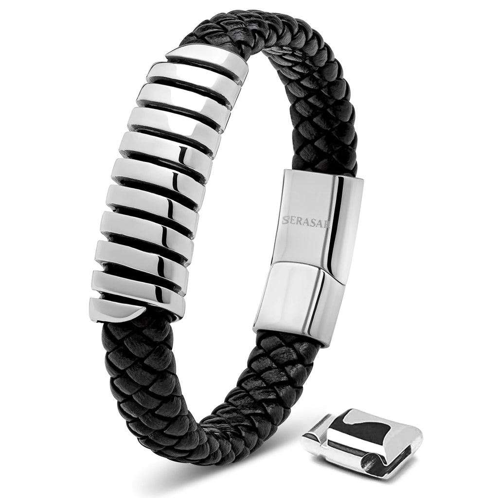 SERASAR Pulsera de cuero plateado 20cm Pulsera de cuero plateado para hombre - idea de regalo cuero genuino caja de regalo cierre magnetico ajustable