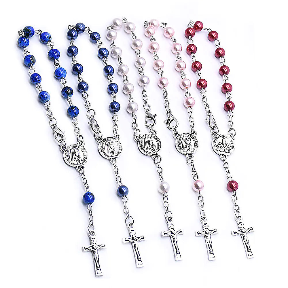 6mm Pearl Rosary Bracelet with Alloy Cross Beads